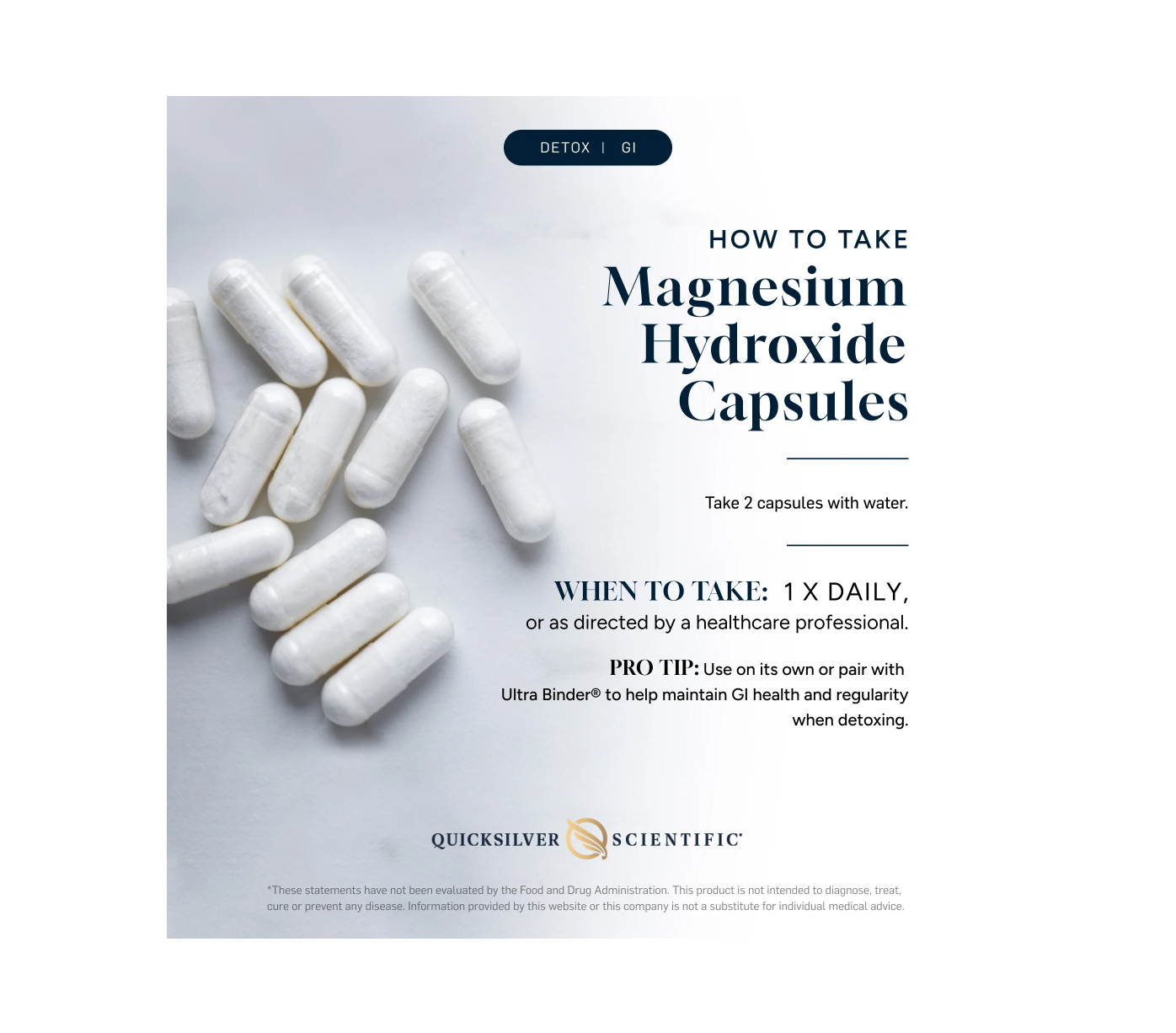 Magnesium Hydroxide, 120 vegan capsules. Healthy digestion & bowel movements. Vegan, sugar-free, gluten-free. Facts